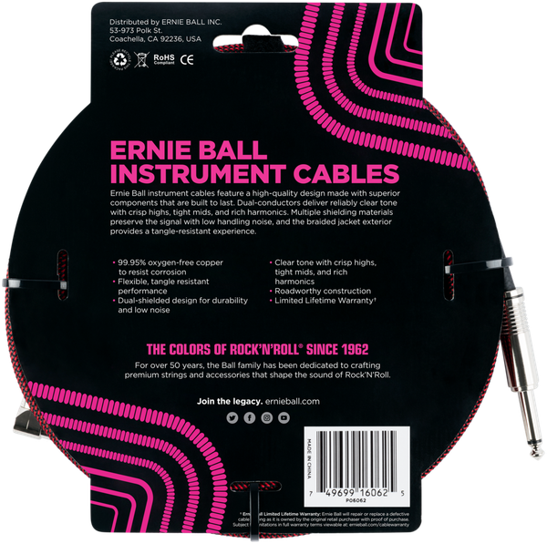 Ernie Ball Instrumentenkabel 7,62 m gerade / gewinkelt schwarz/rot PO6062